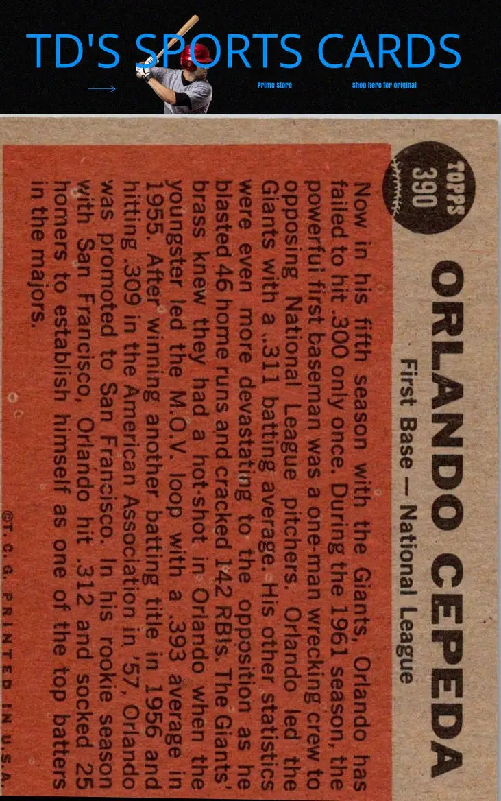 Vintage baseball card of Orlando Cepeda, 1962 Topps #390 trading cards collectible