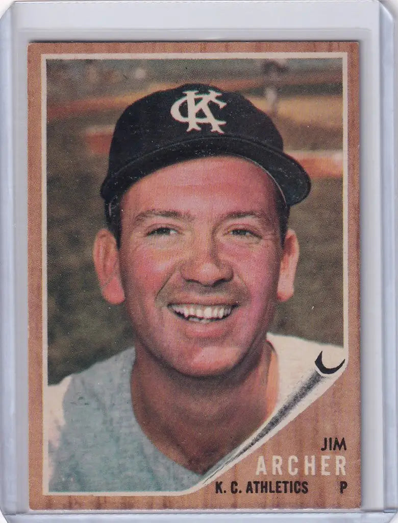1962 Topps Jim Aher baseball card of Kansas City Athletics player smiling in cap