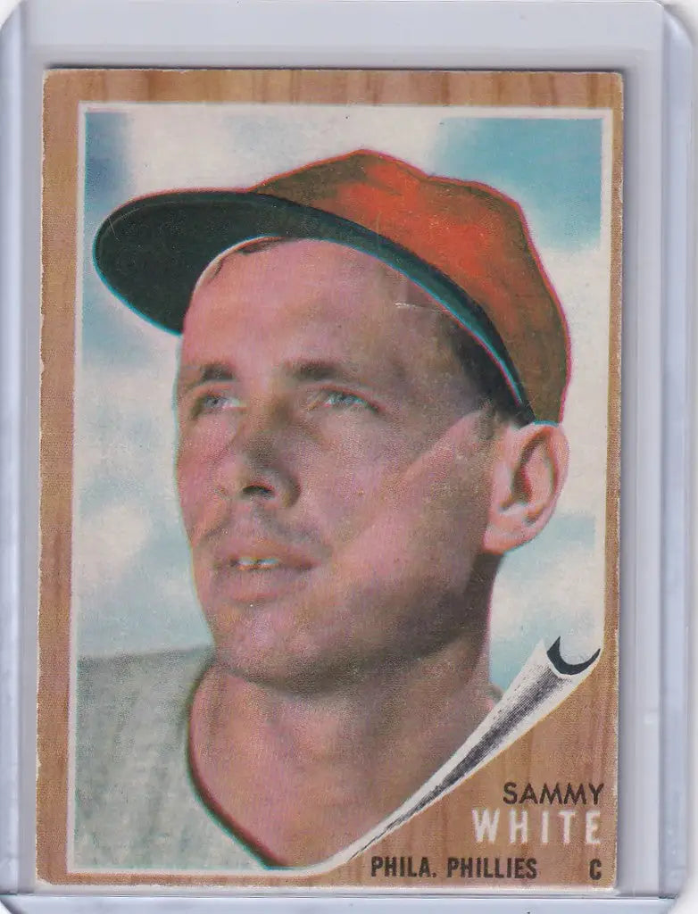 Baseball card of Sammy White from the Philadelphia Phillies with an orange cap