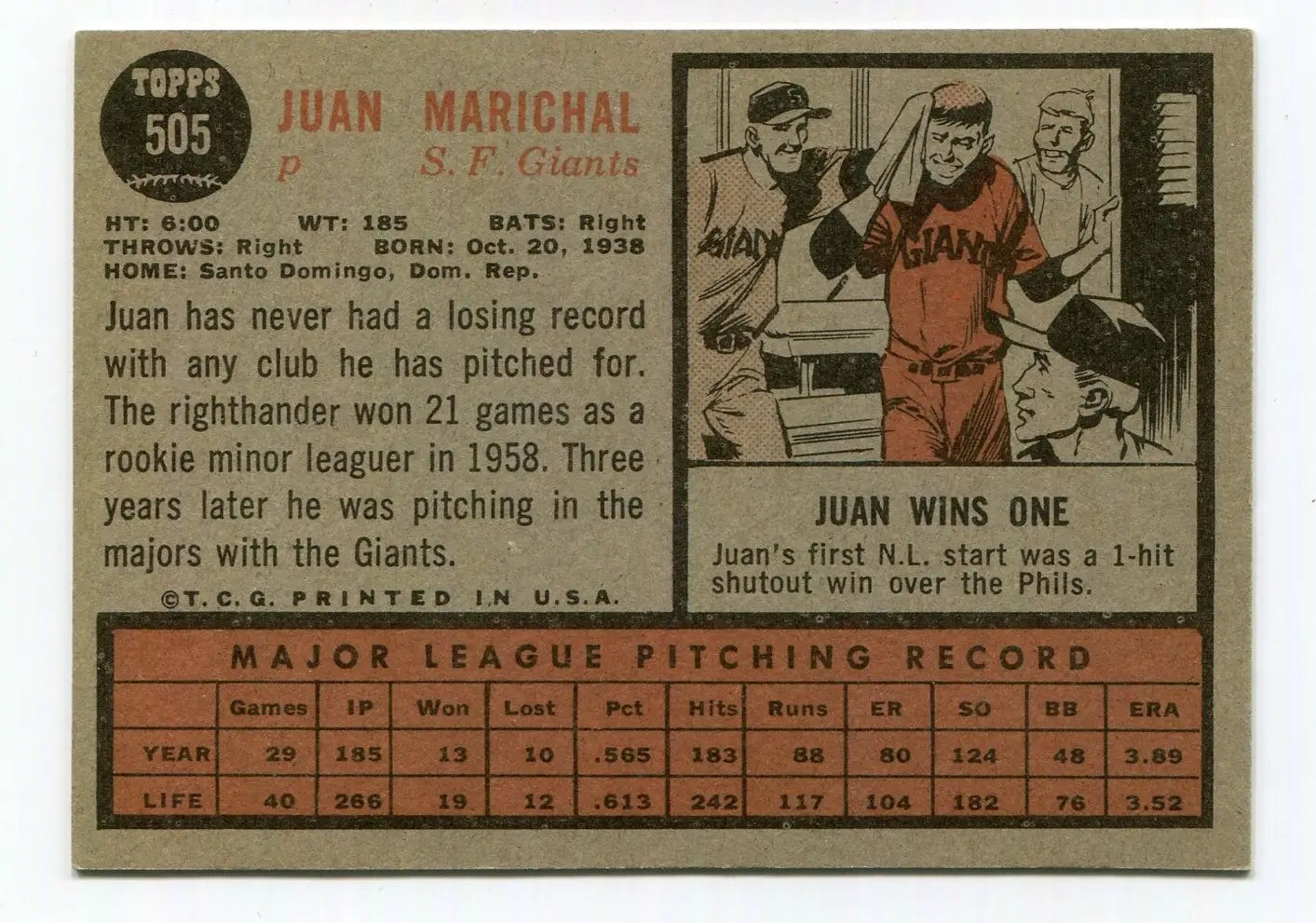 1962 Topps #505 Juan Marichal EX-NMT San Francisco Giants - Baseball Card Single