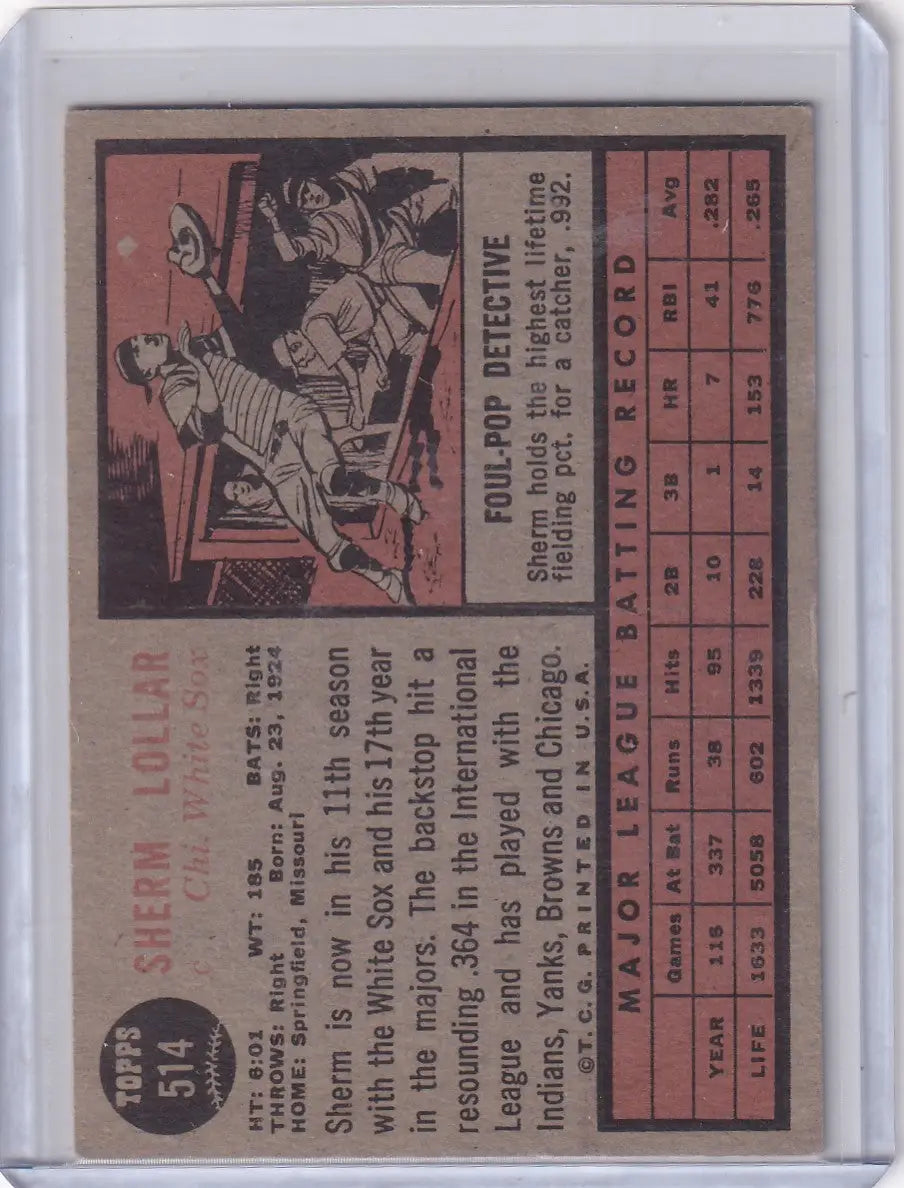 Vintage Sherm Lollar Chicago White Sox trading card from 1962 Topps #514