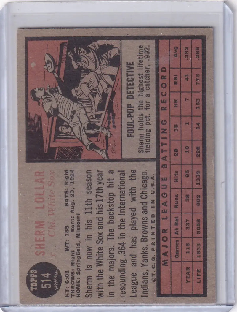 Vintage Sherm Lollar Chicago White Sox trading card from 1962 Topps #514