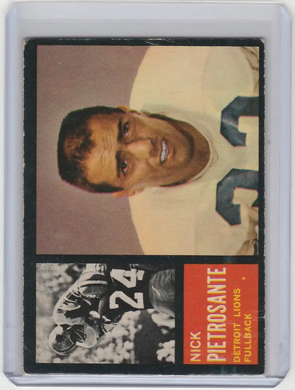 Vintage sports trading card of Nick Pietrosante, Detroit Lions, in white jersey 22