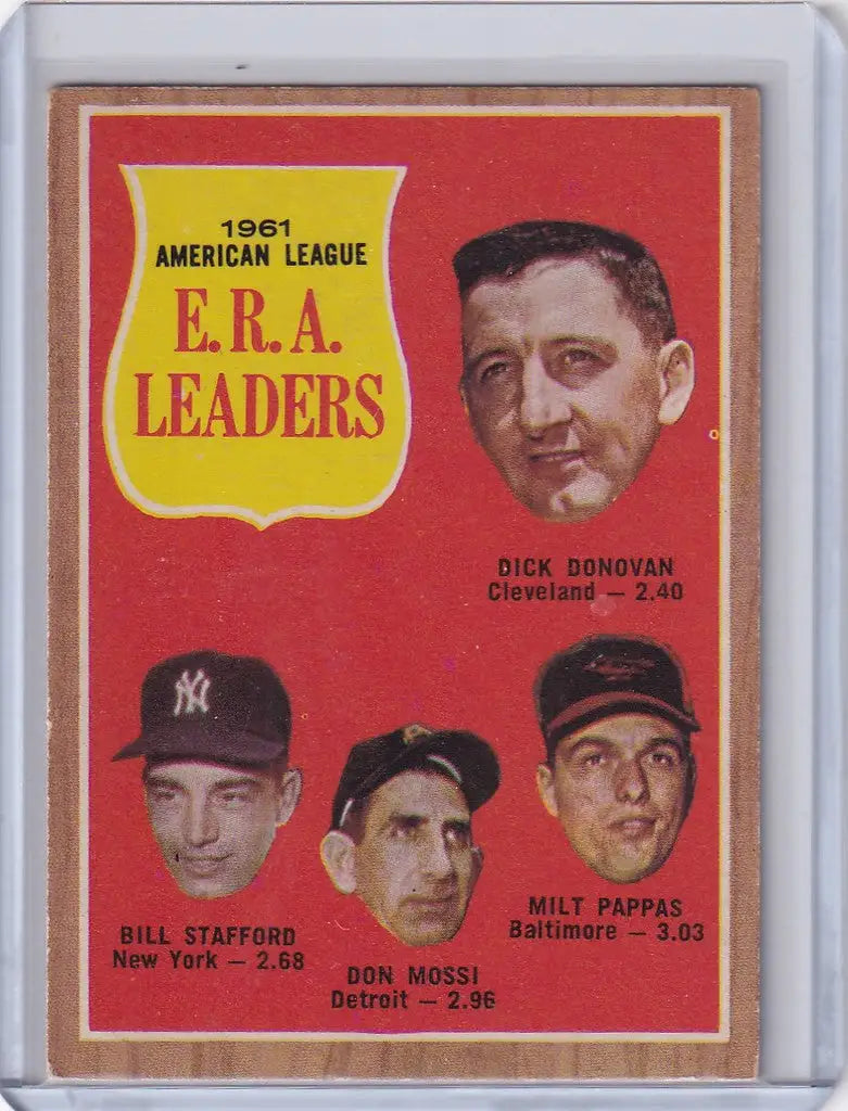 Vintage baseball card featuring ERA Leaders Donovan, Stafford, Mossi, and Pappas portraits