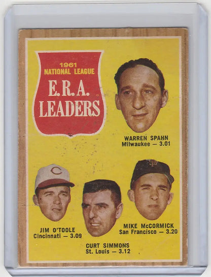 Baseball card of National League ERA Leaders featuring Warren Spahn from 1961