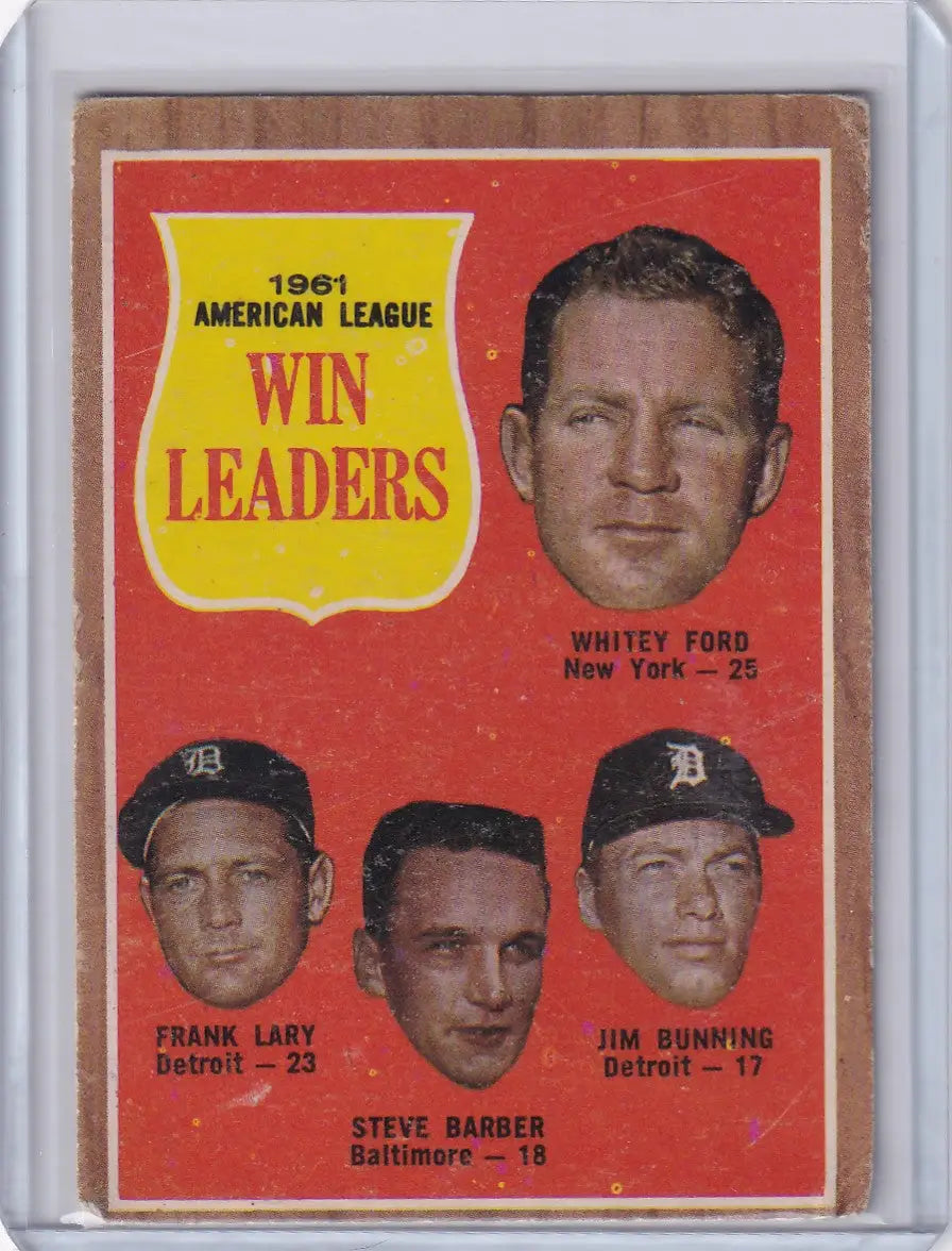 1962 Topps #57 1961 AL Win Leaders baseball card featuring Yankees, Tigers, Orioles pitchers