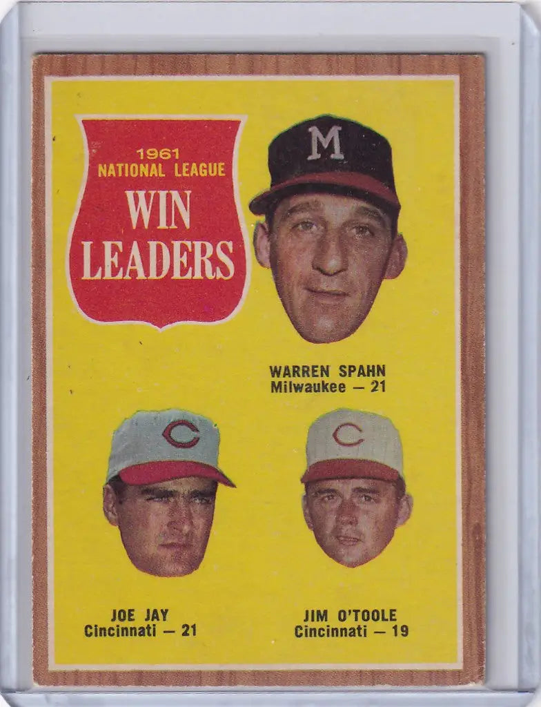 Vintage baseball card featuring Warren Spahn, Jay O’Toole, and NL win leaders from 1961