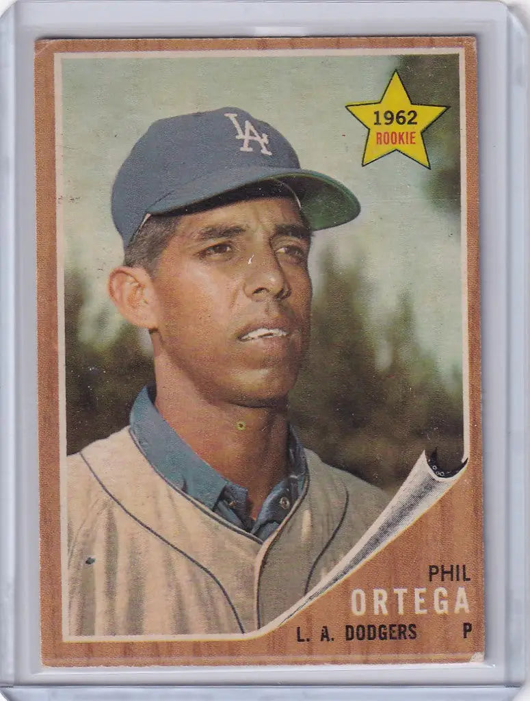 1962 Topps baseball card of Phil Ortega, Los Angeles Dodgers rookie player