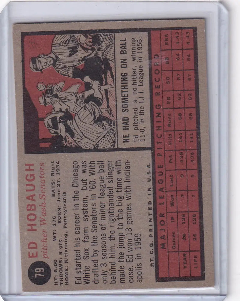 1962 Topps #79 Ed Hobaugh - Washington Senators - Baseball Card Single