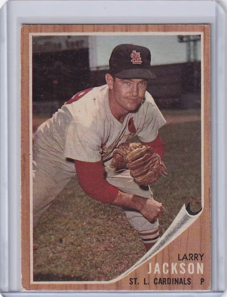 Baseball card of Larry Jackson in throwing stance for St. Louis Cardinals trading cards