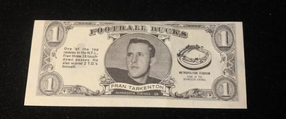 1962 Topps Bucks Football Card Insert featuring Fran Tarkenton Vikings football card insert