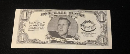 1962 Topps Bucks Football Card Insert featuring Fran Tarkenton Vikings football card insert