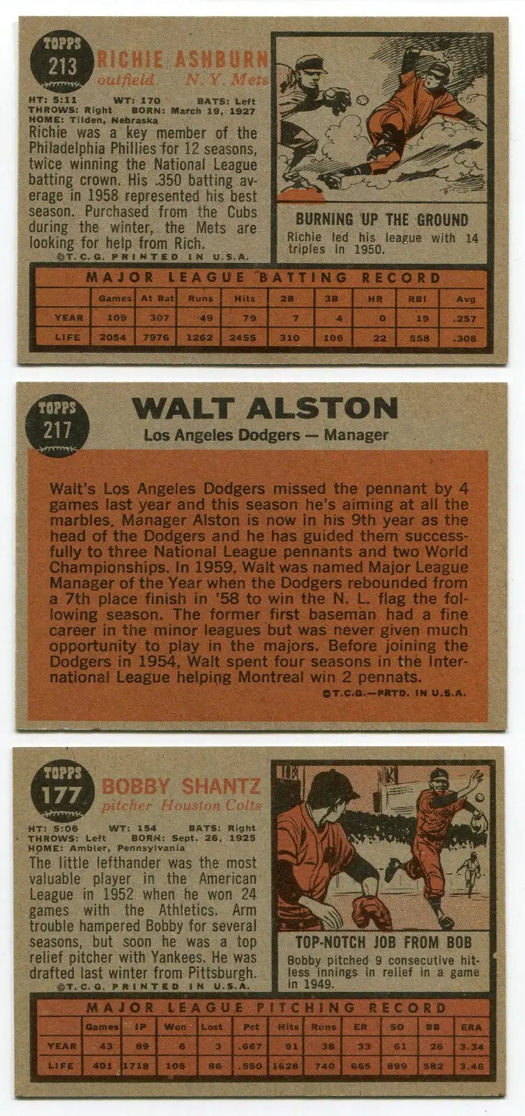 1962 Topps Lot (3) Walt Alston #217 Richie Ashburn #213 Bobby Shantz #177 NMT - Baseball Card Single