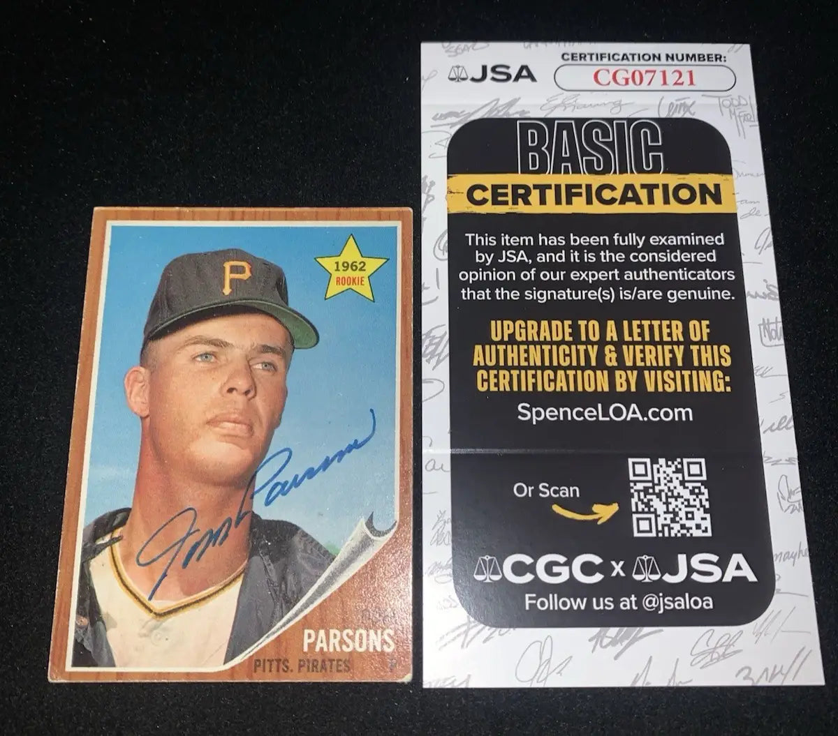 Signed 1962 Topps Tom Parsons Rookie Baseball Card with Authentication featuring Pittsburgh Pirates