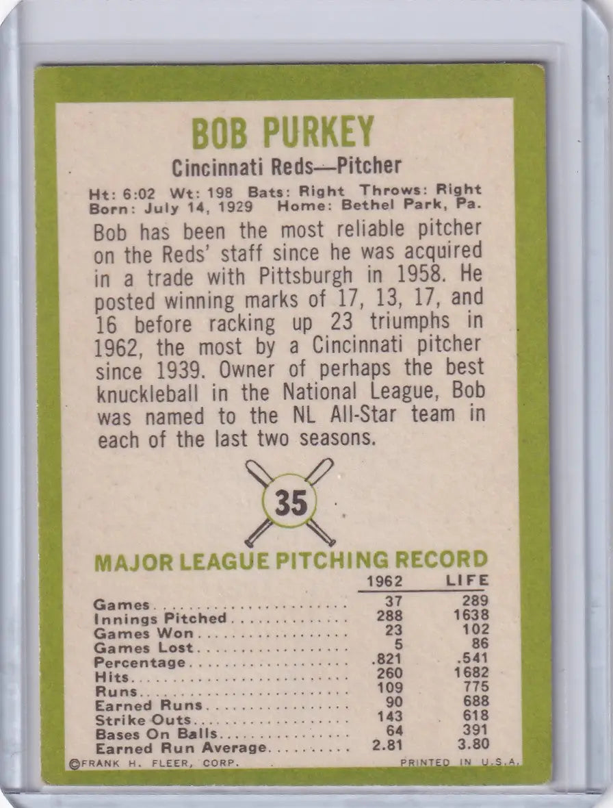 1963 Fleer #35 Bob Purkey - Cincinnati Reds - Baseball Card Single