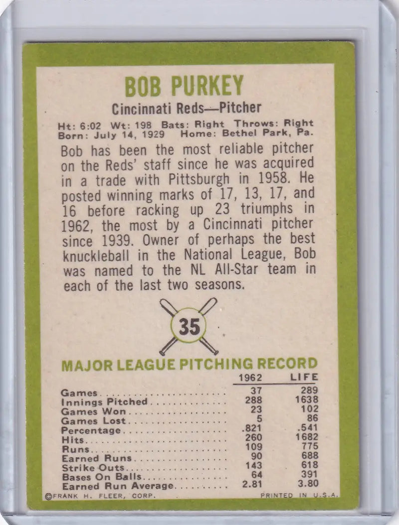 1963 Fleer #35 Bob Purkey - Cincinnati Reds - Baseball Card Single