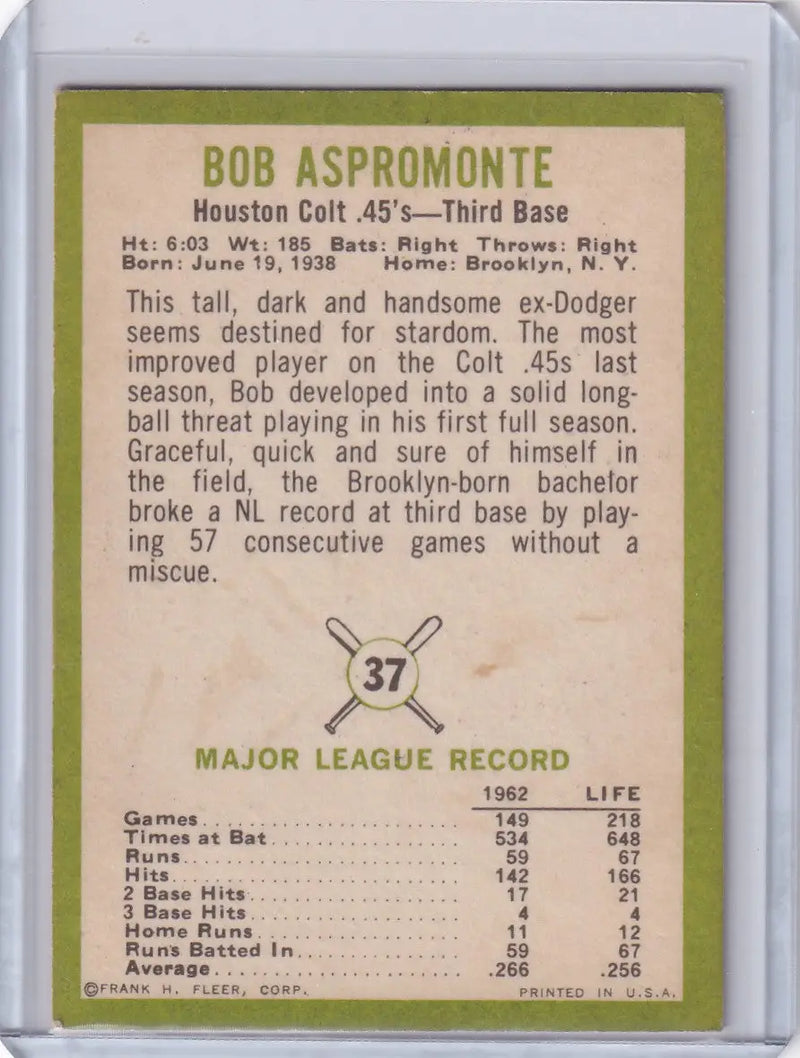 1963 Fleer #37 Bob Aspromonte - Houston Colt.45’s - Baseball Card Single