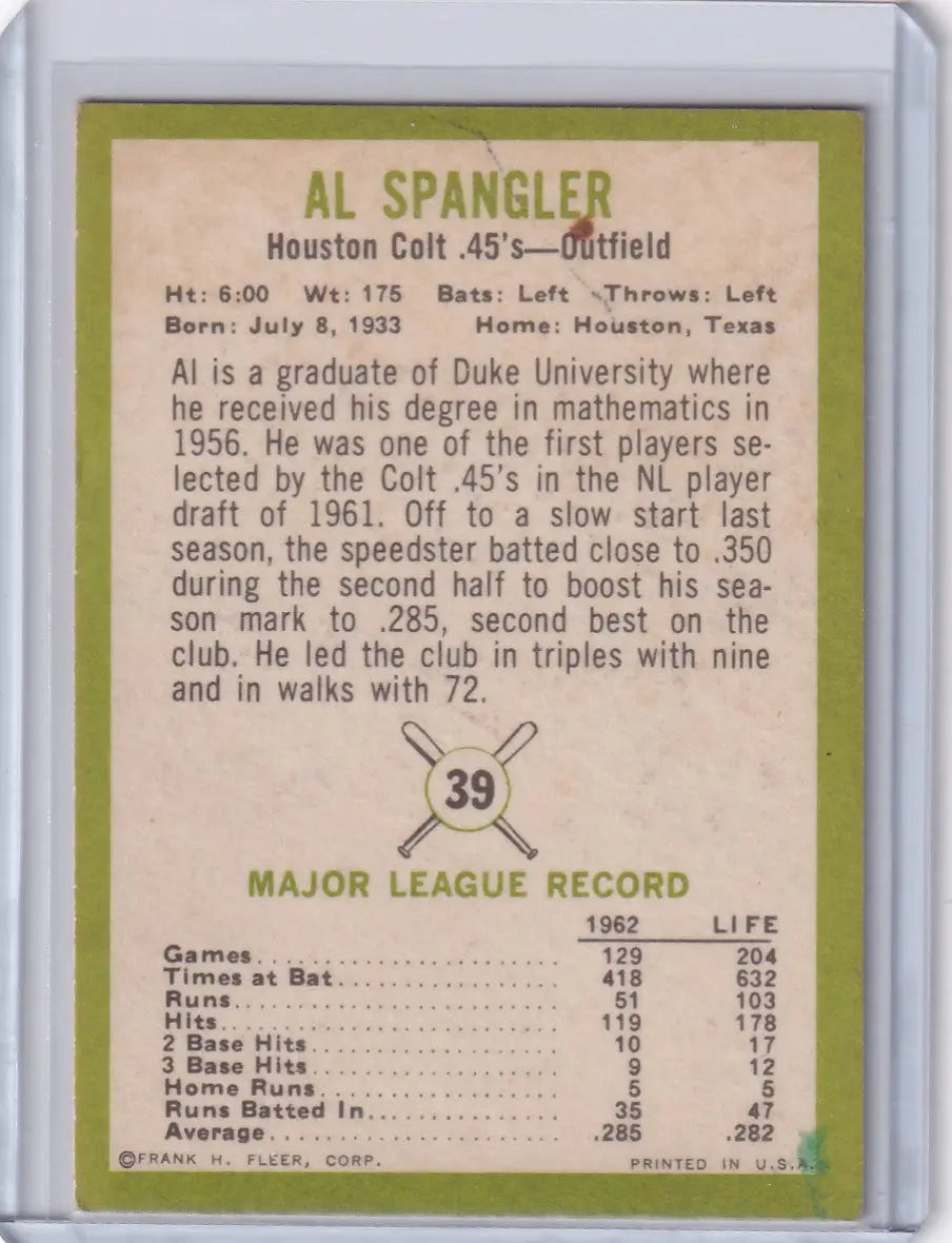 1963 Fleer #39 Al Spangler - Houston Colt.45’s - Baseball Card Single