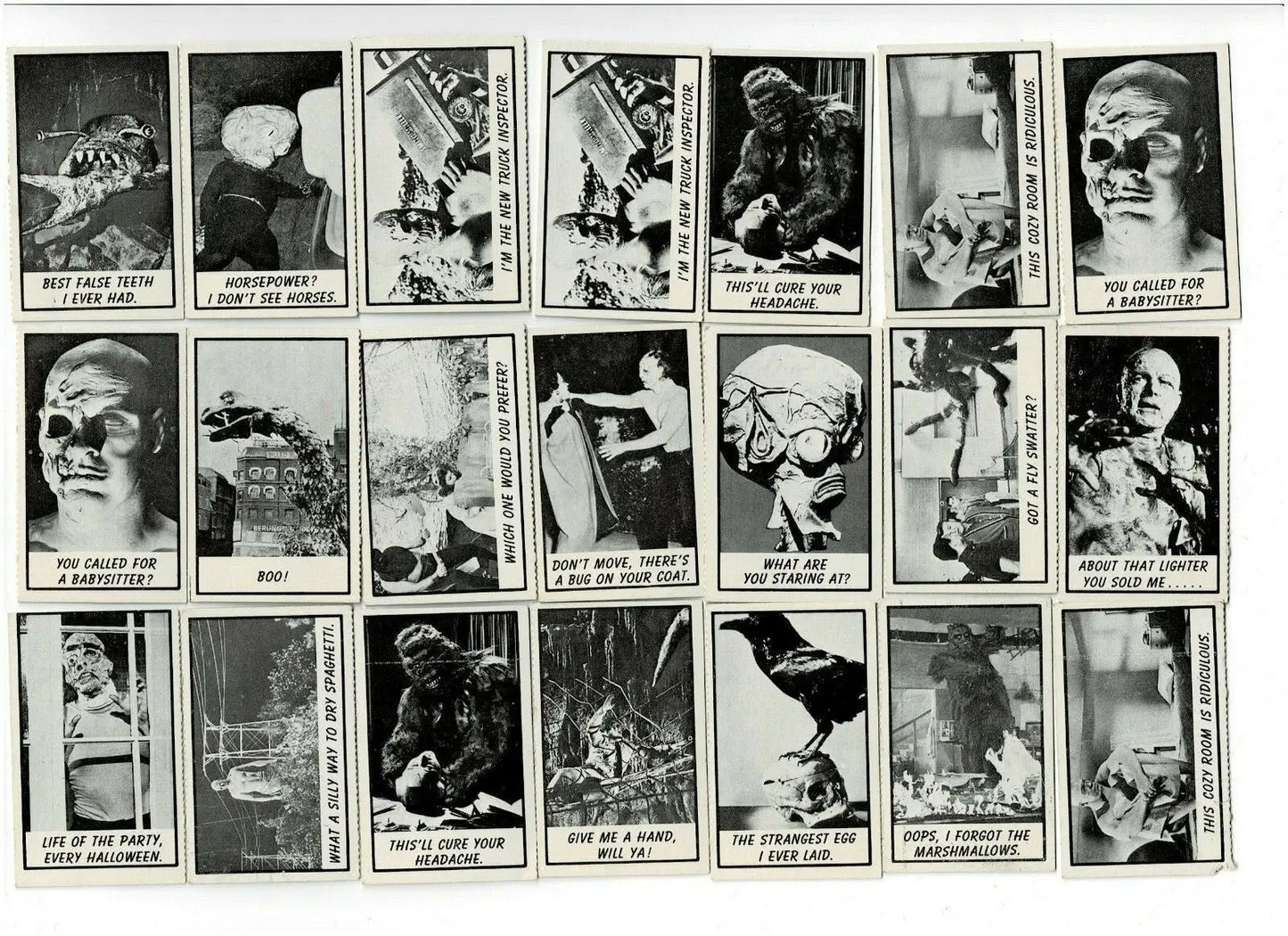 Collection of black and white cards from Monster Laffs Topps Midgee trading card set