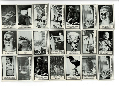 Collection of black and white cards from Monster Laffs Topps Midgee trading card set