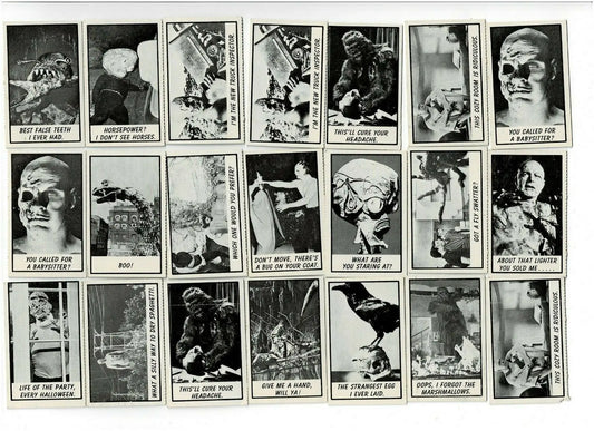 Collection of black and white cards from Monster Laffs Topps Midgee trading card set