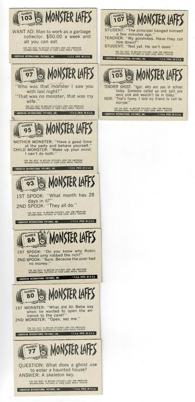 Collection of Monster Laffs Topps Midgee Trading Cards featuring vintage Monster Laffs series