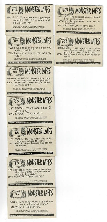Collection of Monster Laffs Topps Midgee Trading Cards featuring vintage Monster Laffs series
