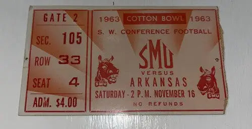 1963 SMU Mustangs vs Arkansas Razorbacks NCAA Football Ticket Stub
