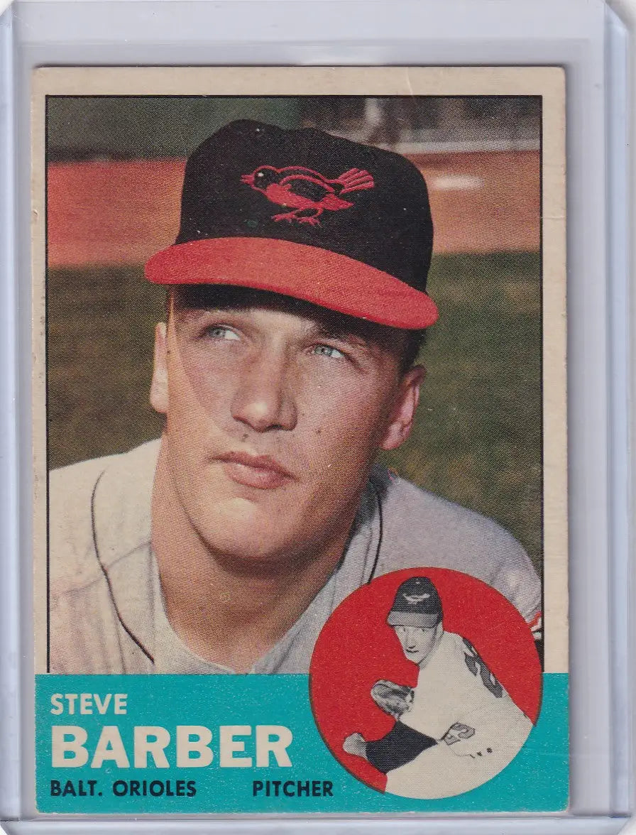 Vintage 1963 Topps trading card of Steve Barber, Baltimore Orioles pitcher