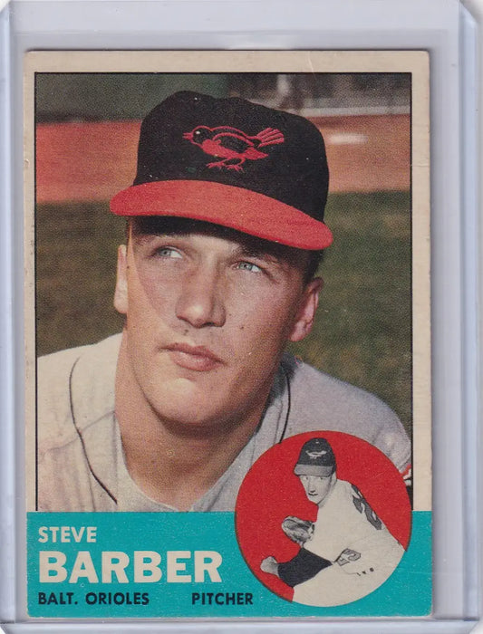 Vintage 1963 Topps trading card of Steve Barber, Baltimore Orioles pitcher