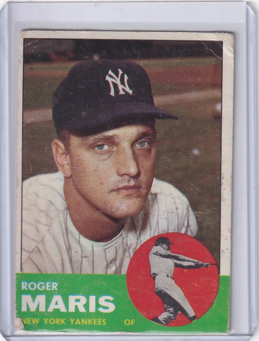 Vintage 1963 Topps Roger Maris trading card depicting New York Yankees outfielder