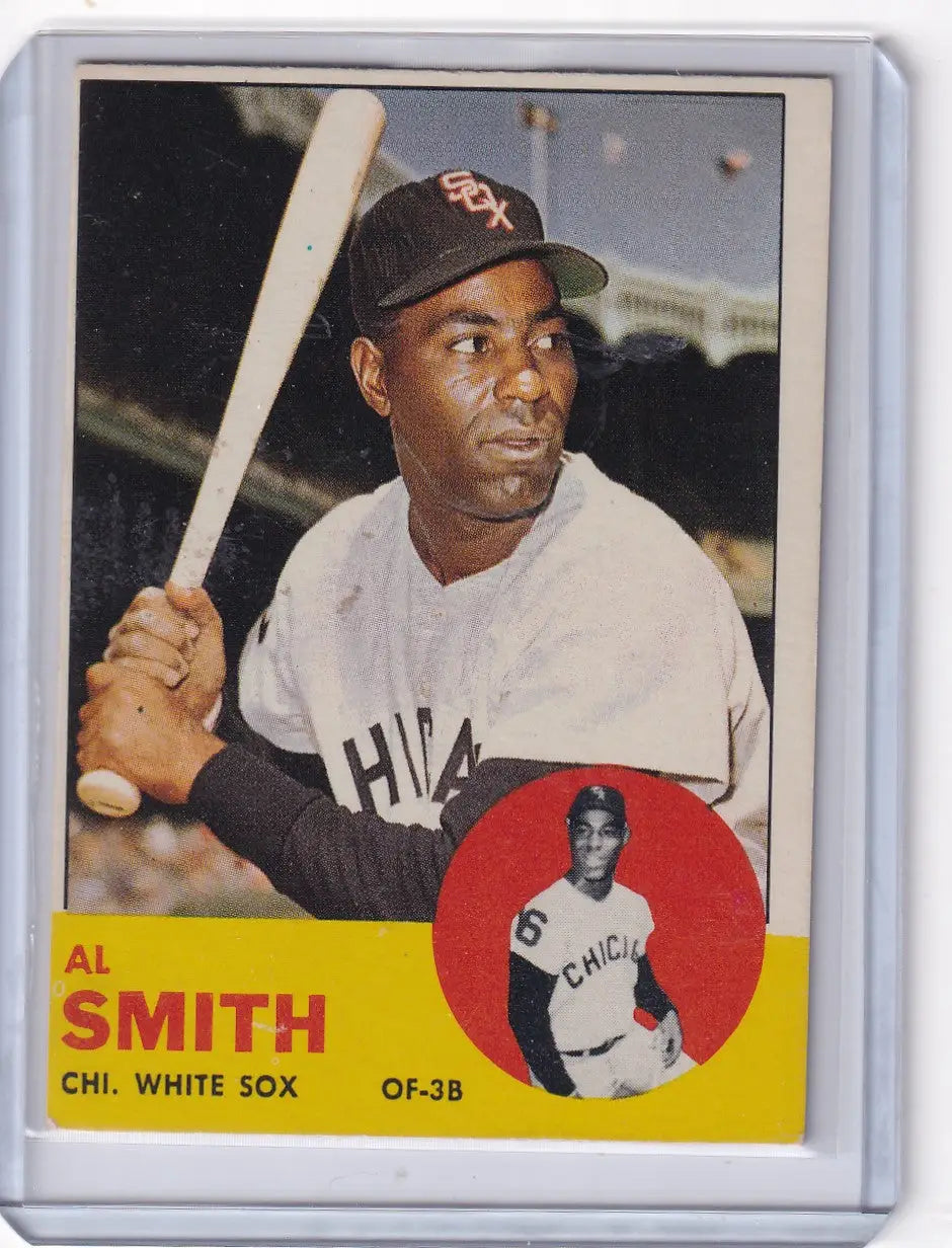 Vintage 1963 Topps Al Smith baseball card of Chicago White Sox outfielder batting