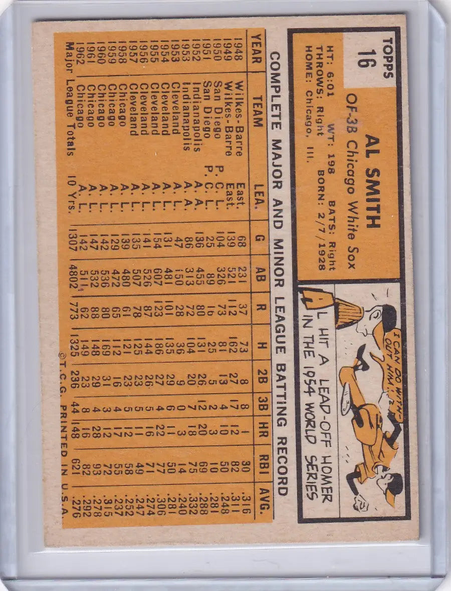 Vintage 1963 Topps 16 Al Smith baseball card featuring Chicago White Sox player stats