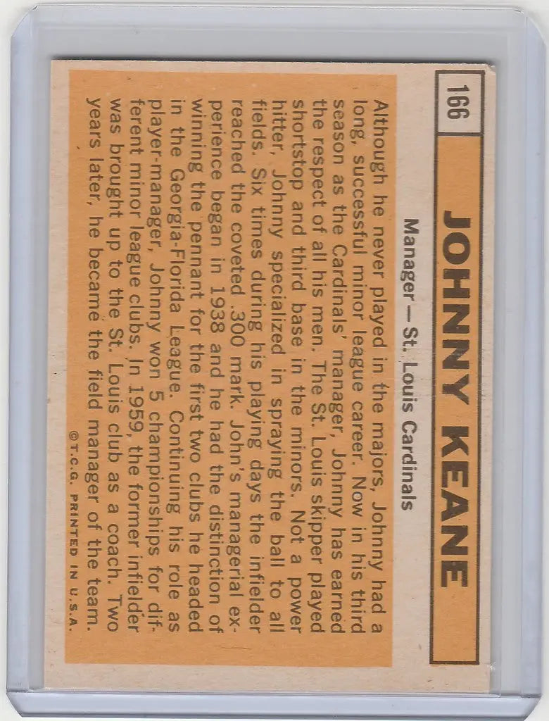 1963 Topps Johnny Kean St. Louis Cardinals baseball card on orange background