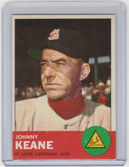 Baseball card of Johnny Keane, St. Louis Cardinals manager in red turtleneck, EXMT condition