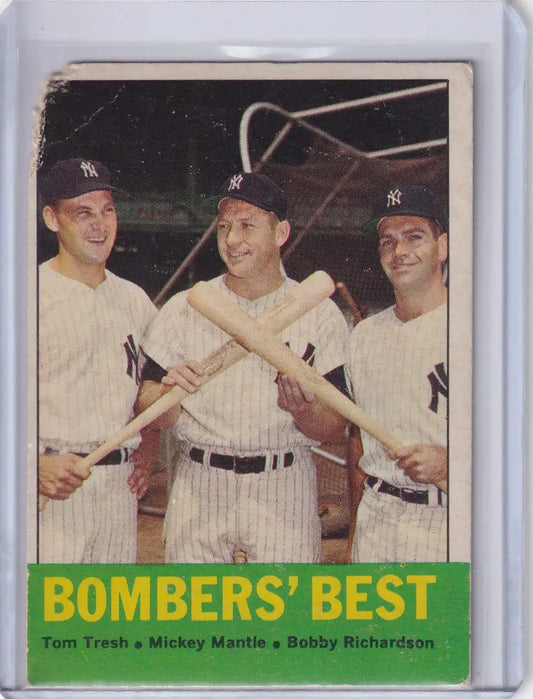 Vintage baseball card of Tom Tresh, Mickey Mantle, and Bobby Richardson from Bombers Best