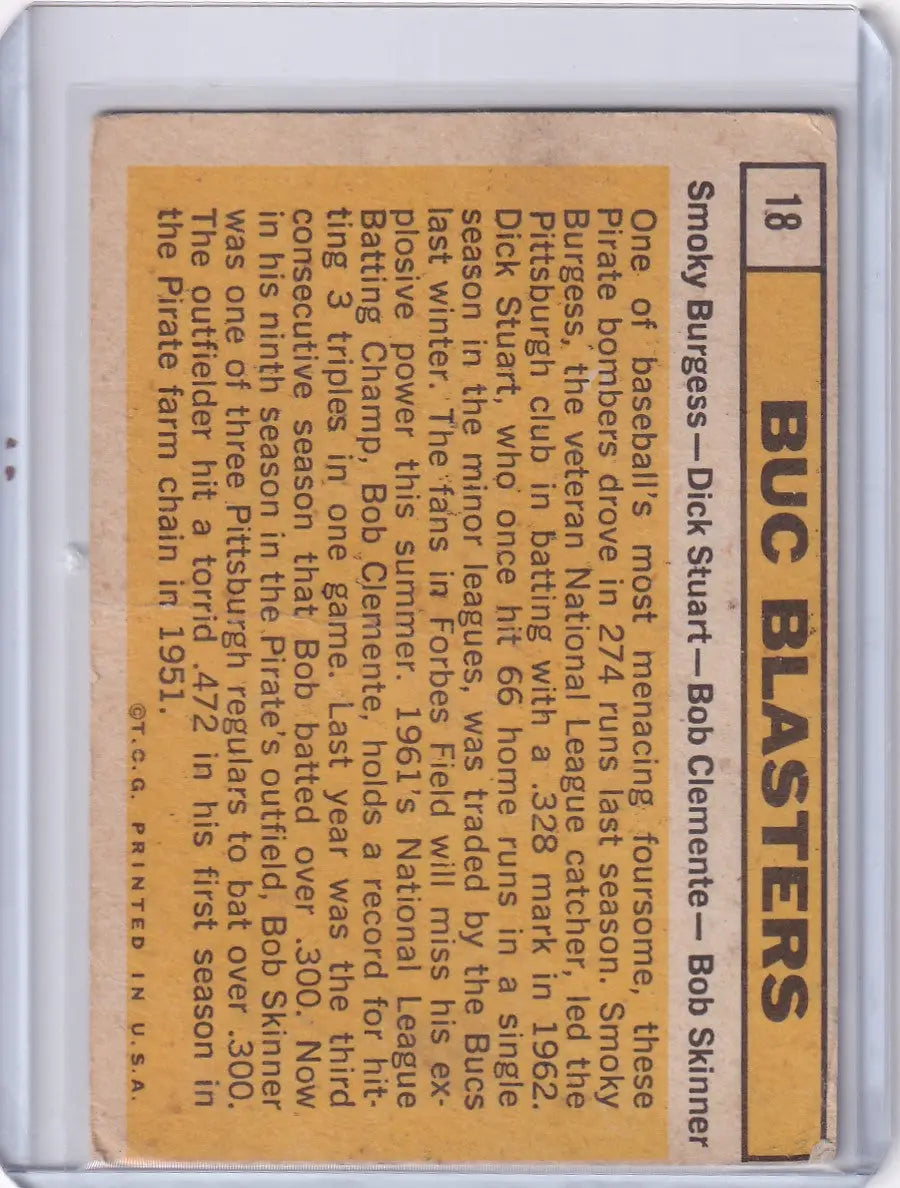 Vintage baseball card back showing 1963 Topps Buc Blasters featuring Roberto Clemente
