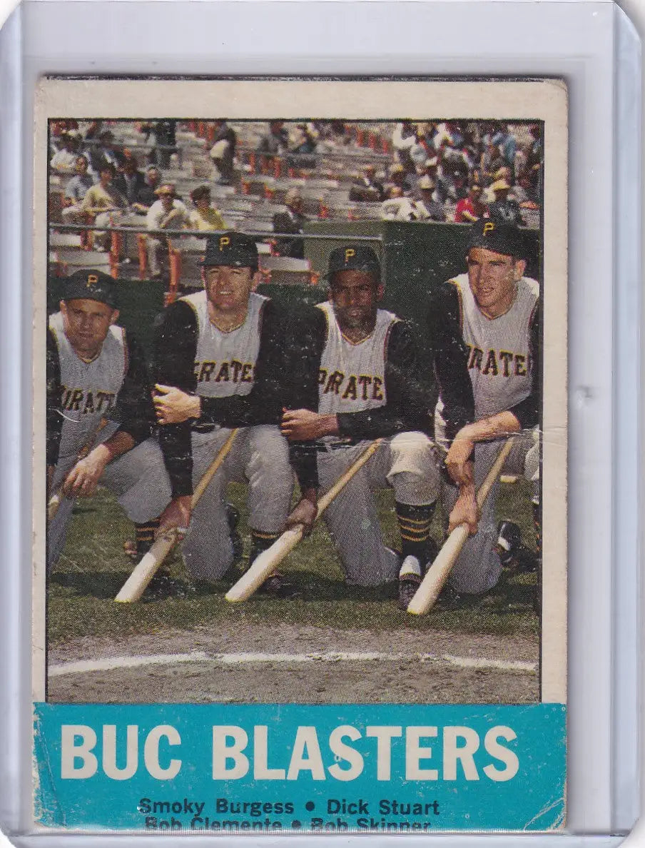 Vintage baseball card featuring Roberto Clemente from 1963 Topps Buc Blasters set