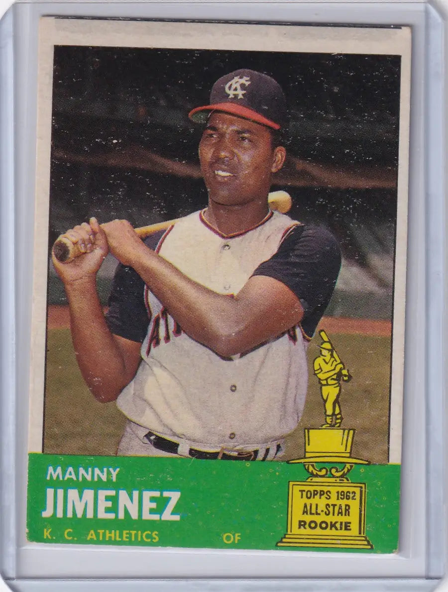 Baseball card of Manny Jimenez in batting stance for Kansas City Athletics