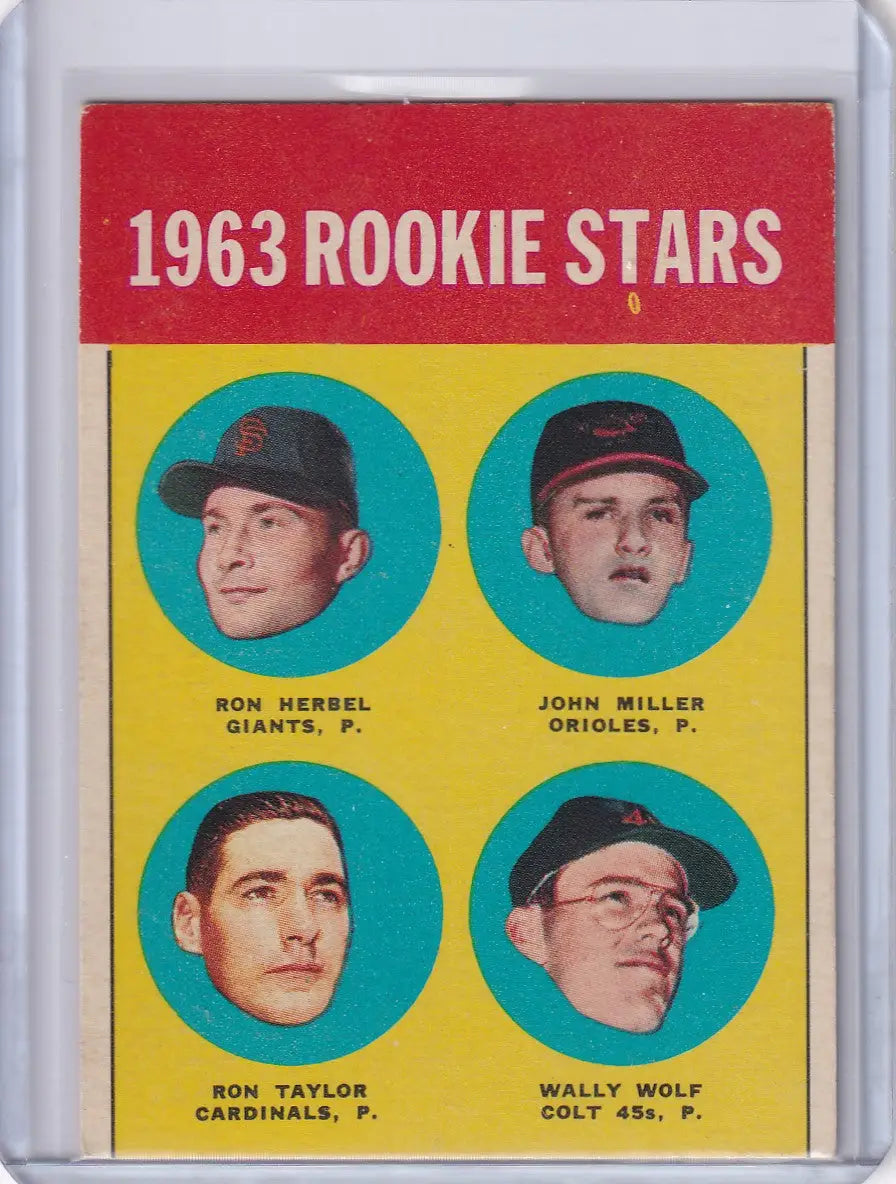 Vintage baseball card of 1963 Rookie Stars Herbel, Miller, Taylor, and Wolf