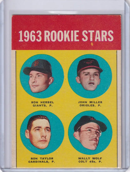 Vintage baseball card of 1963 Rookie Stars Herbel, Miller, Taylor, and Wolf