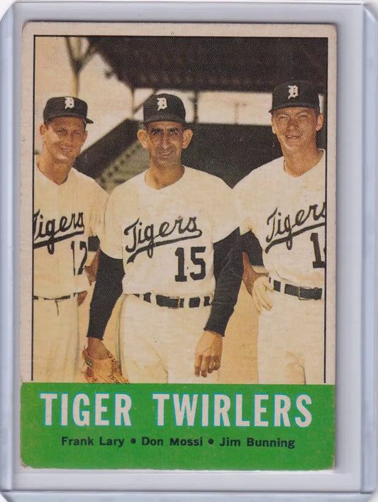 Vintage baseball card of Tiger Twirlers Frank Lary, Don Mossi, and Jim Bunning