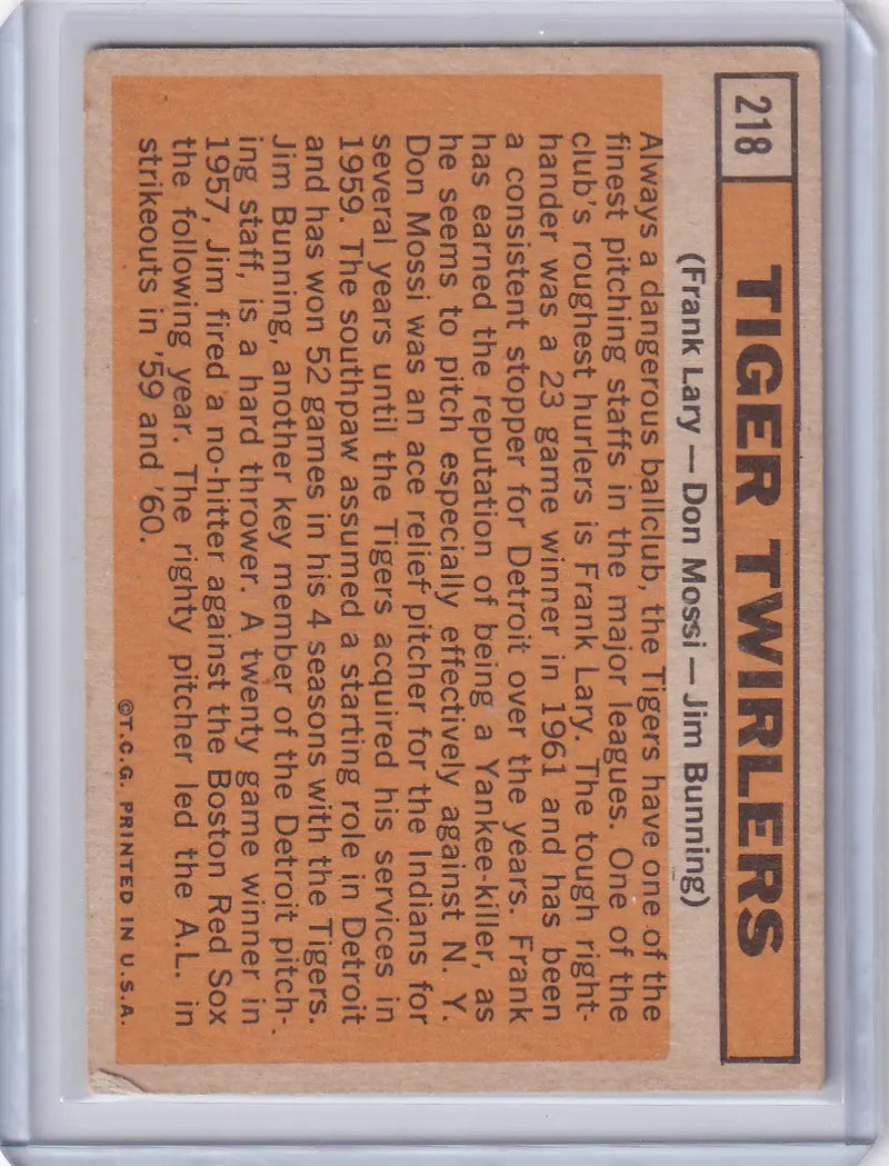 Vintage baseball card showcasing Tiger Twirlers with Frank Lary and Don Mossi details