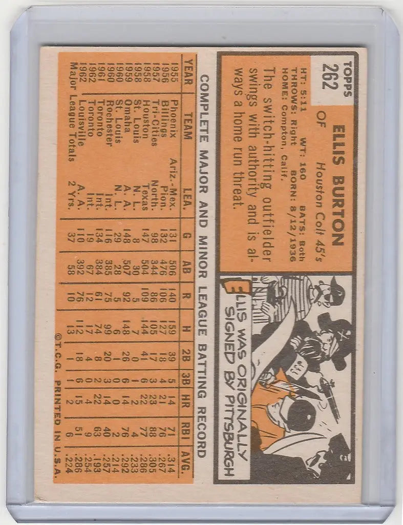 Vintage 1963 Topps #262 Ellis Burton Houston Colt 45 baseball card with player stats