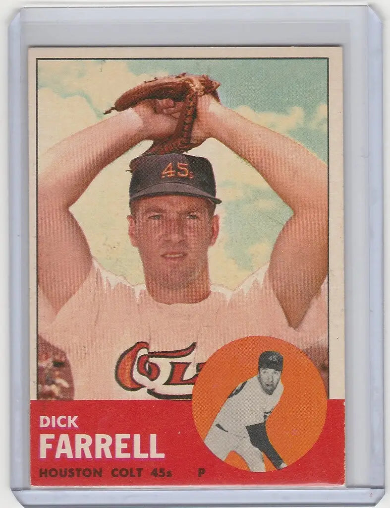 Vintage 1963 Topps baseball card of Dick Farrell Houston Colt .45s pitcher in windup pose