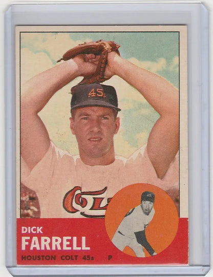 Vintage 1963 Topps baseball card of Dick Farrell Houston Colt .45s pitcher in windup pose
