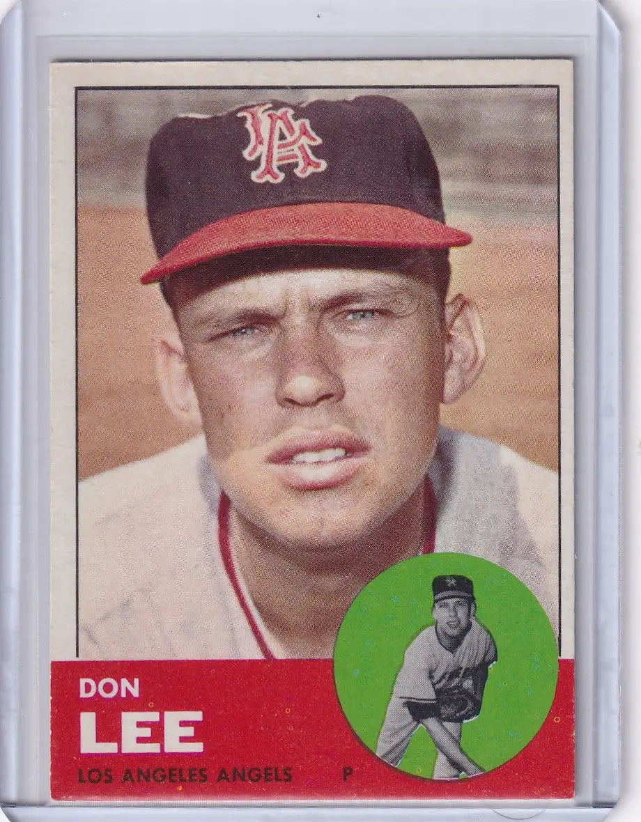 Vintage 1963 Topps Don Lee Los Angeles Angels baseball card with headshot and action shot