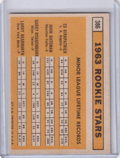 1963 Topps 386 Baseball Card featuring Rookie Stars Kirkpatrick, Bateman, Roggenburk, Bearnarth