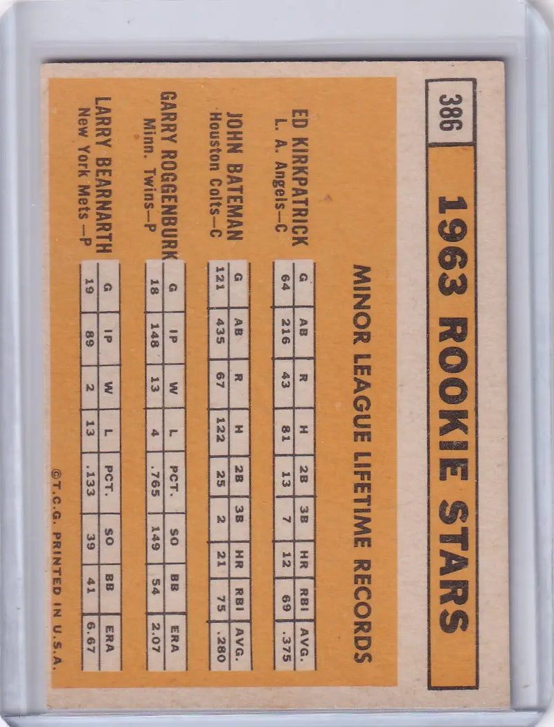 1963 Topps 386 Baseball Card featuring Rookie Stars Kirkpatrick, Bateman, Roggenburk, Bearnarth