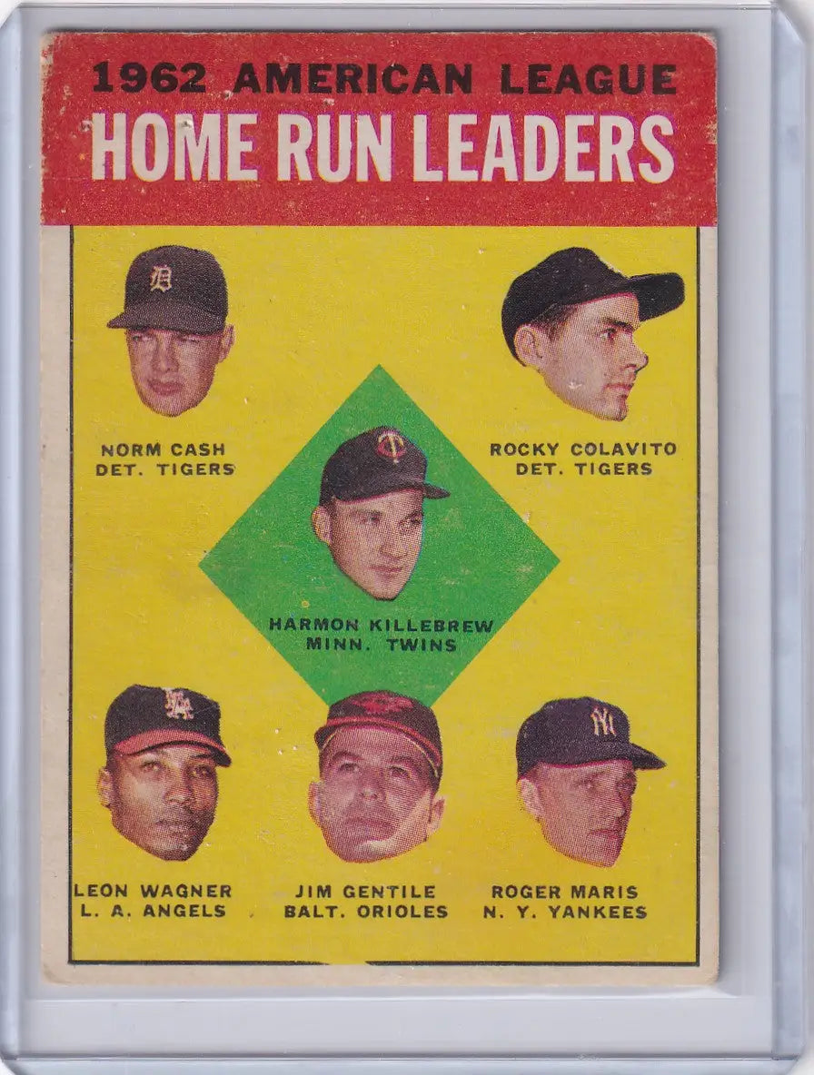 1962 American League Home Run Leaders baseball card with Killebrew, Cash, and more